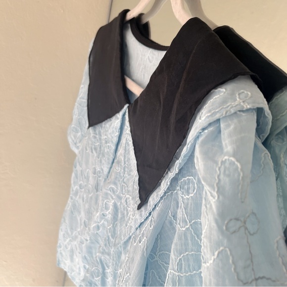 {New}Light Blue Double-Layered Sailor Collar Embroidered Blouse Puff Sleeves - Picture 9 of 9